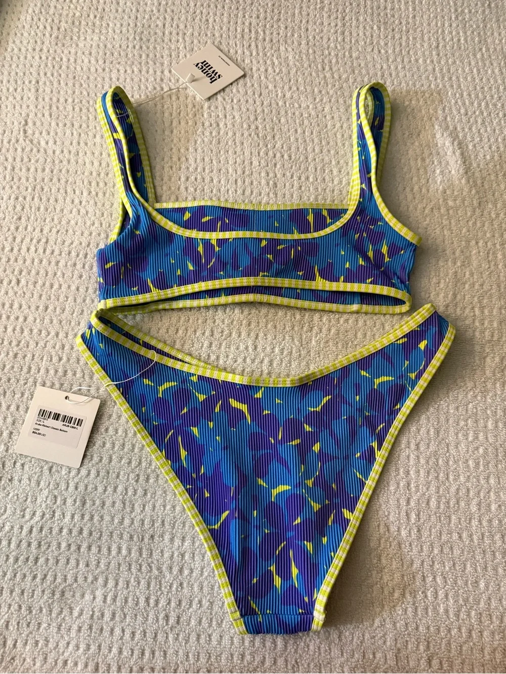 Honey Swim Aruba Ribbed Bikini Set Medium Squareneck Top Large Bottom Floral NWT